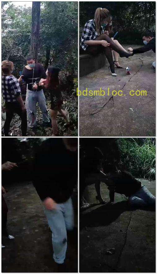 【套路户外第一帅男神】双女王调教捆绑鞭打耳光舔脚转胯遛狗